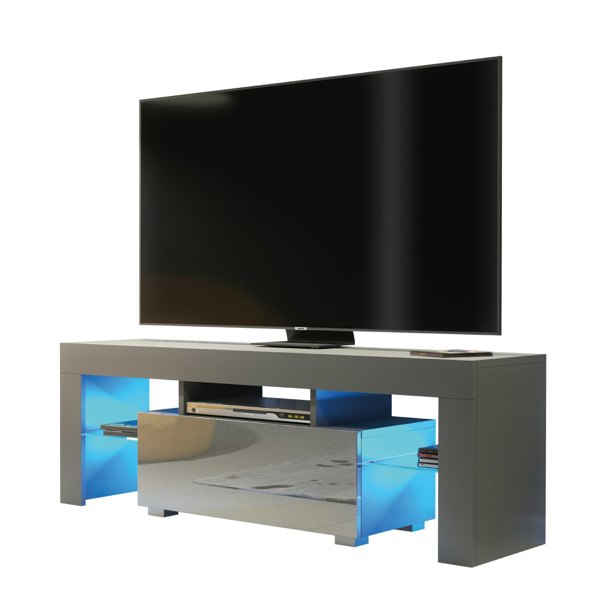 Mex Furniture 130cm TV Unit Cabinet Stand with Grey High Gloss Doors and Free LED Lights