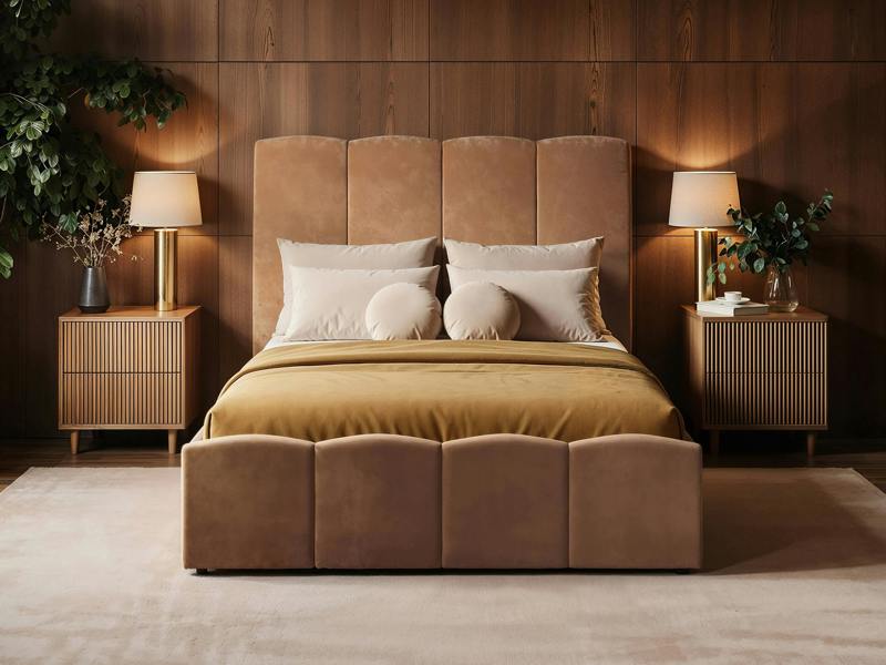 Enrica Upholstered Bed Frame with Padded Statement Headboard Brown Kingsize