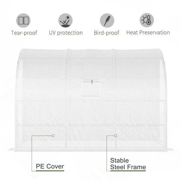 White greenhouse with PE cover over stable steel frame and front window screen