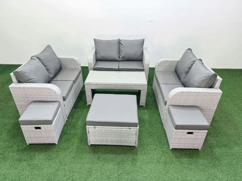 Fimous  9 Seater PE Wicker Rattan Furniture Sofa Sets with Oblong Coffee Table 2 Seater Love Sofa 3 Stool Light Grey