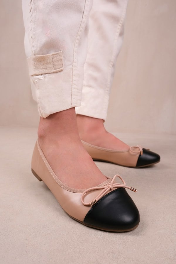 Where's That From Janice Ballerina Flats With Front Bow Detail in Nude Faux Leather