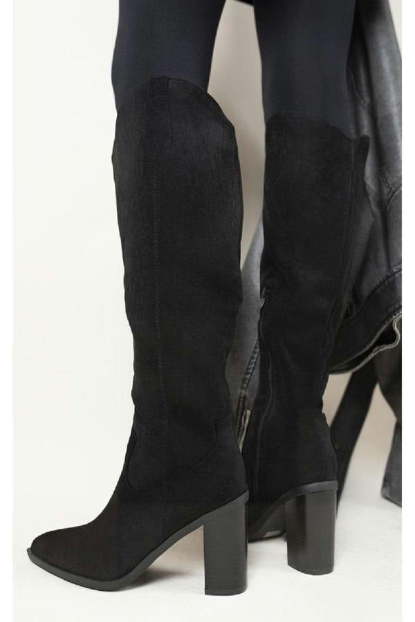 Aletta Pointed Toe Block Heel Knee High Boots - Black