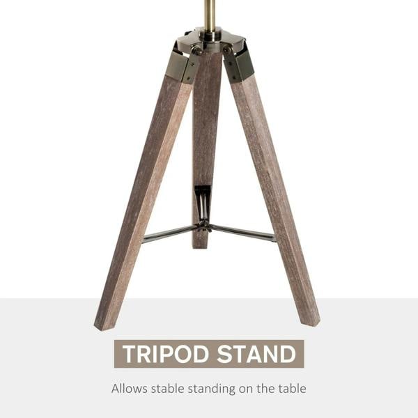 Tripod stand desk lamp with brushed metal spotlight head and dark wood legs