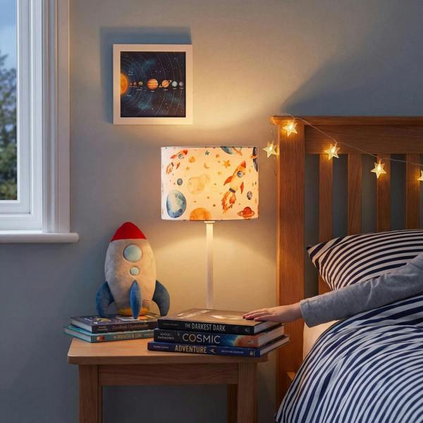 Colourful Space Themed Kids Lamp Shade with Rockets Planets and Stars Image 6