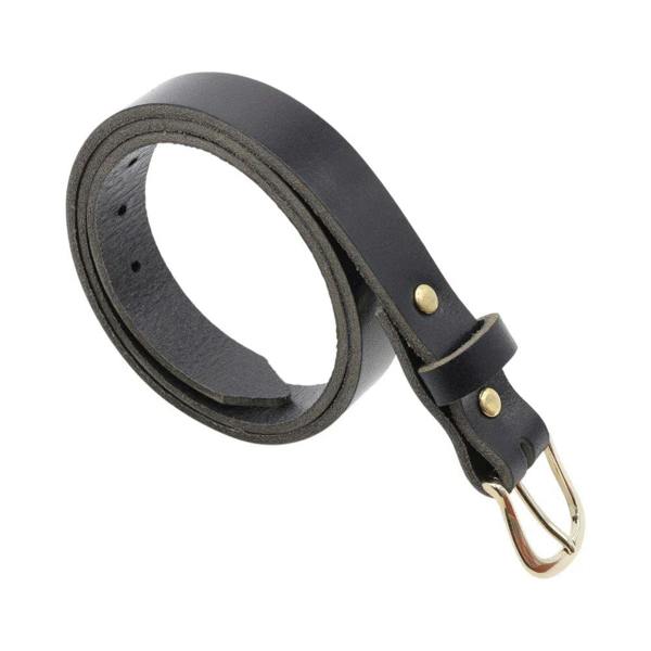 Black leather belt with gold hardware on a white background