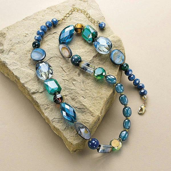 Pia Crystal & Mother-of-Pearl Necklace, Blue & Green Beaded Short