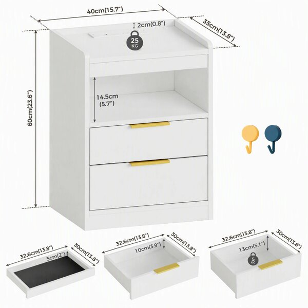 Havendro LED Bedside Table with Hidden Drawer Bedside Cabinet w/ Charging Station
