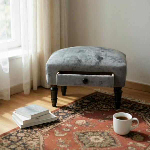 GREY VELVET FOOTSTOOL WITH DRAWER