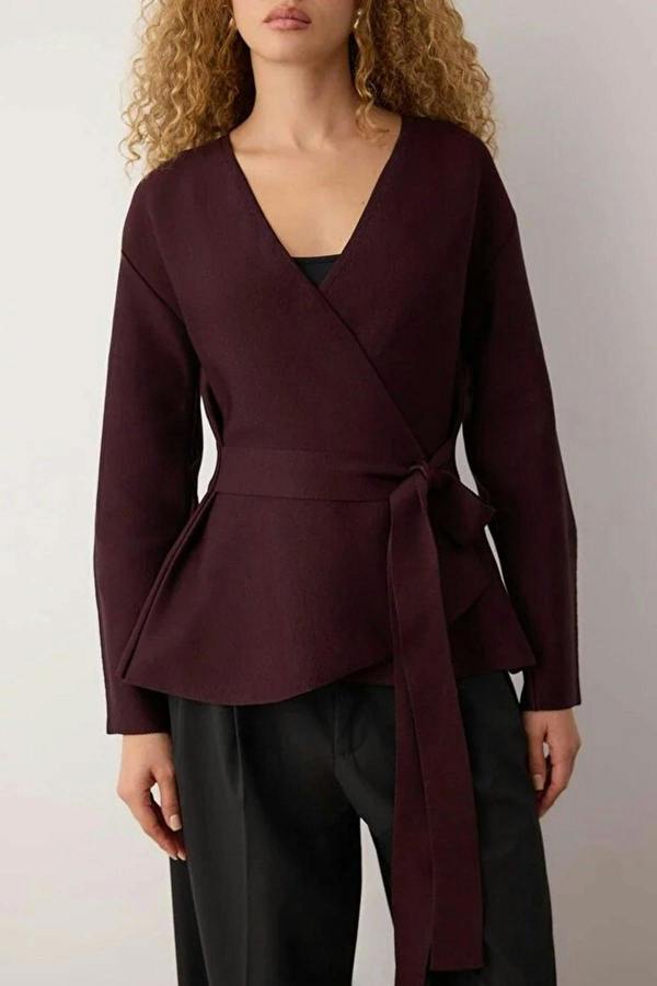 WOVCOR Double-Breasted Knit Cardigan with Tie Detail