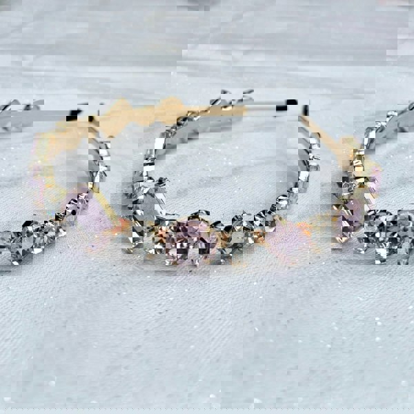 Pink crystal hair band, gold tone frame, faceted light pink gemstones, round and square cut crystals, clear accent stones, elegant slim headband, sparkling statement hair accessory
