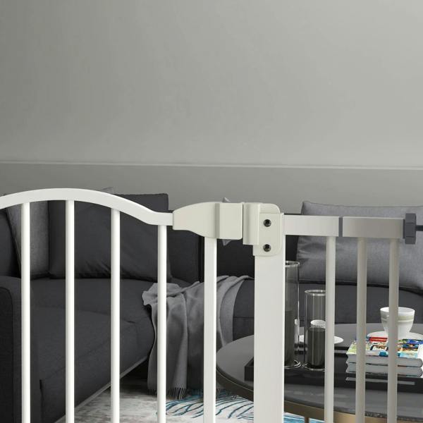 White pet gate latch and hinge mechanism with vertical bar panels