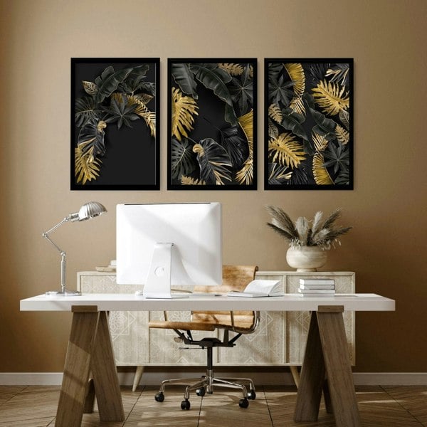 Office decor for walls | set of 3 Tropical gold wall art prints