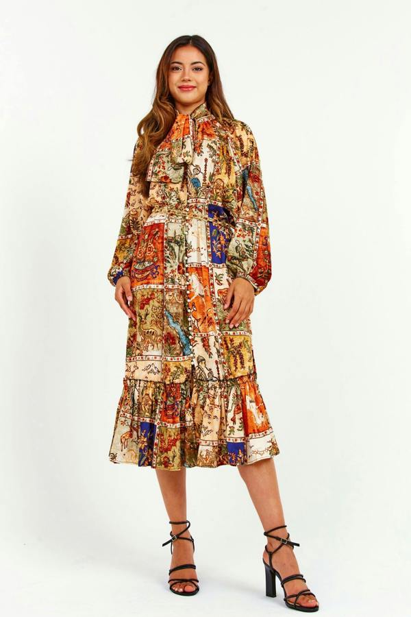 LuvForever Oriental Print Ruffle Midi Dress