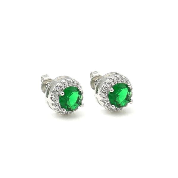 Say It With Emerald Green Round Stone Halo Earrings - Silver