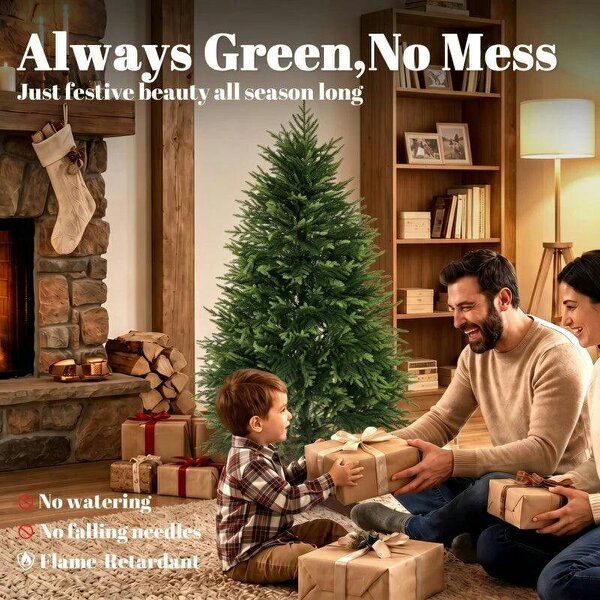 5ft Artificial Christmas Tree, Hinged Xmas Tree with Realistic 513 PE & PVC Branch Tips, Fir Wood Base, Green