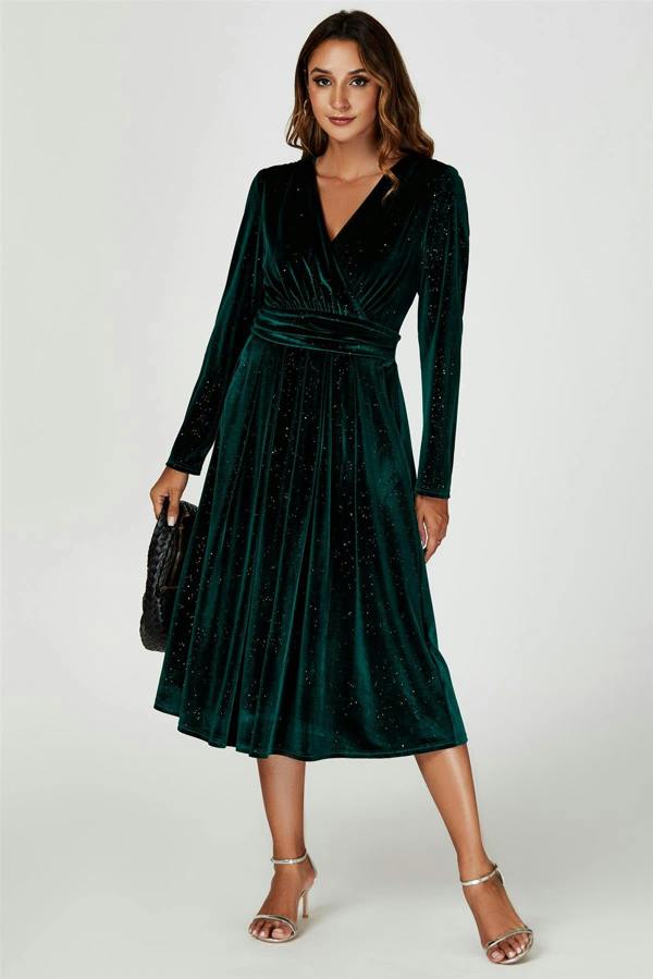 FS Collection Silver Sparkly Velvet Wrap Top Midi Dress In Green