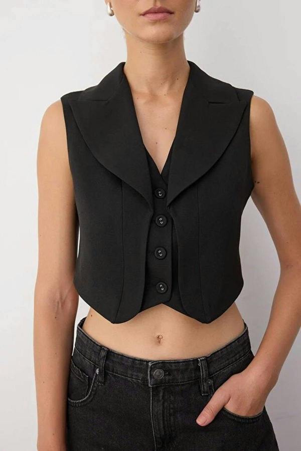 WOVCOR Crop Button-Down Jacket Collar Woven Vest