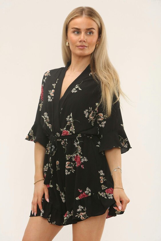 Black Floral Belted Playsuit – Ruffle Hem - Black