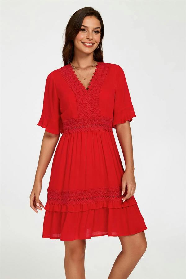 FS Collection V Neck Lace Mini Dress In Red