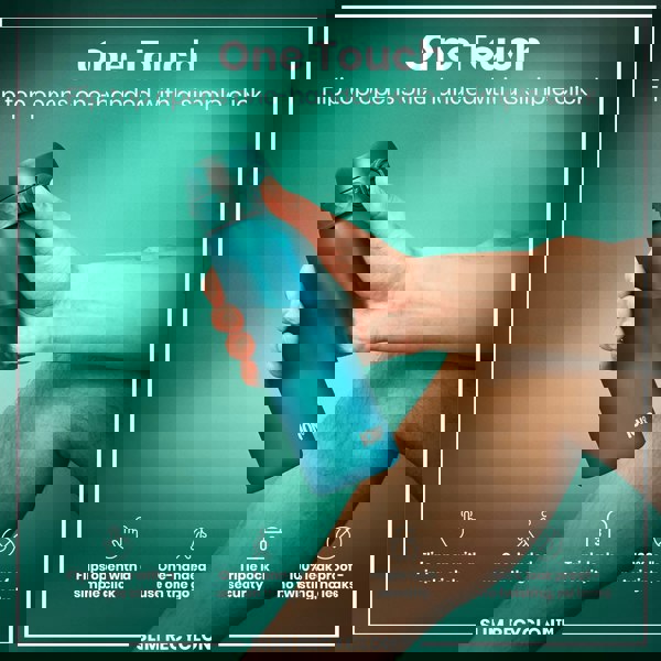 A teal water bottle is held; its flip top opens one-handed. The bottle is advertised as leak-proof, one-handed, and having triple-lock security. The background is teal.