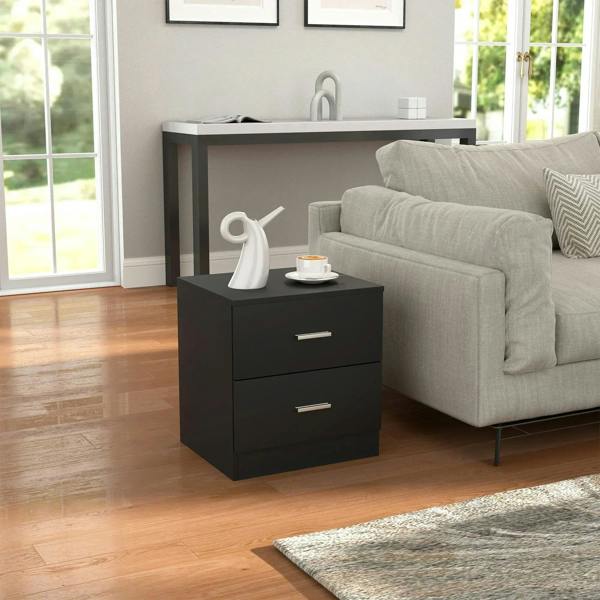Black two-drawer bedside cabinet with silver bar handles and top display