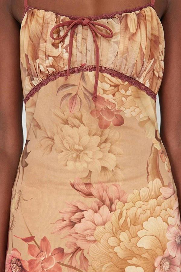 WOVCOR A-Line Floral Patterned Ruffled Knitted Tulle Dress