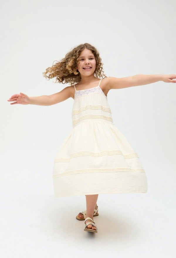 Kids Swish Pinktuck cotton embroidered Dress In Cream - image 4