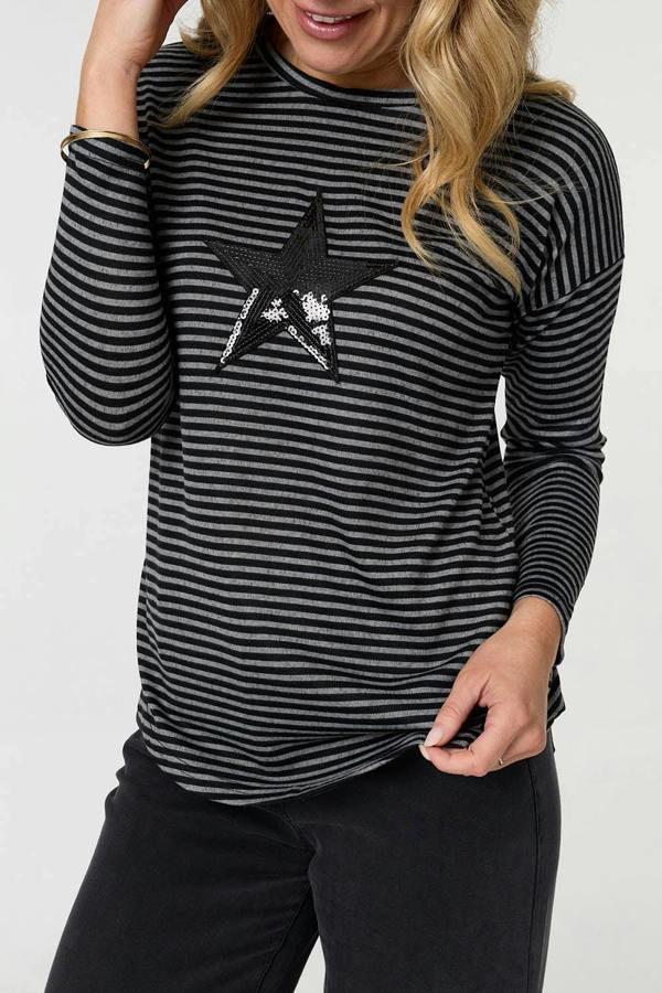 Grey | Striped Sequin Detail Long Sleeve Top

