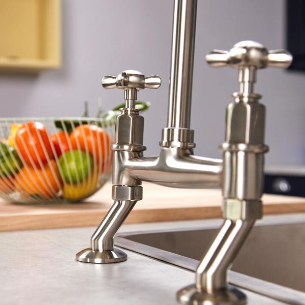 Flode Larvik | Kitchen Crosshead Bridge Mixer Tap | Pewter Finish
