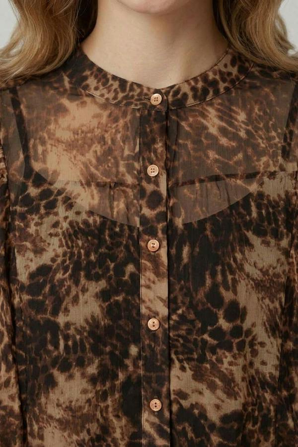 Brown | Animal Print Balloon Sleeve Shirt