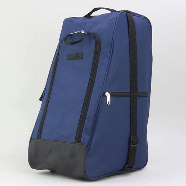 A side-angled view of a structured navy blue wellington boot bag, highlighting a long adjustable black nylon carrying strap and a horizontal zipped side pocket against a plain white background.