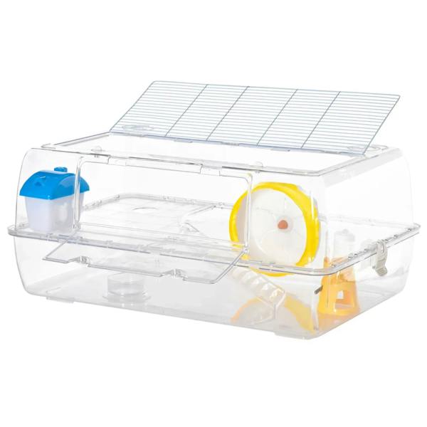 Transparent 2-tier hamster cage with wire top, blue water bottle, and yellow running wheel