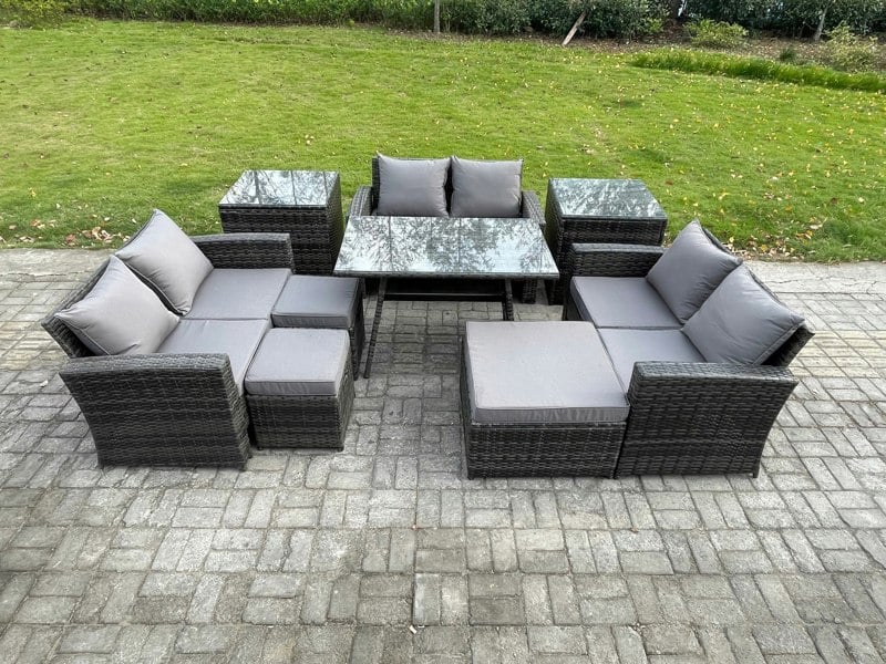 Fimous Outdoor Lounge Sofa Set - Dark Grey Mixed Wicker PE Rattan Garden Furniture with Rectangular Dining Table & 3 Footstools