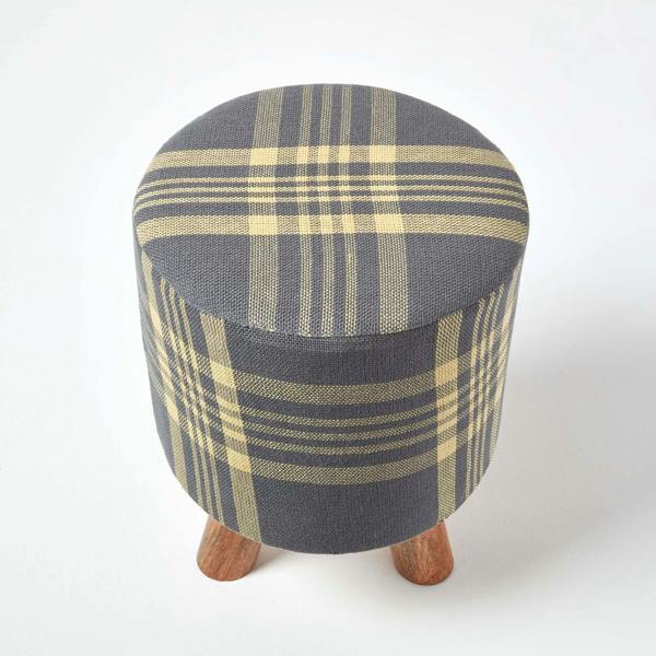 HOMESCAPES Grey and Yellow Tall Tartan Fabric Stool with Legs