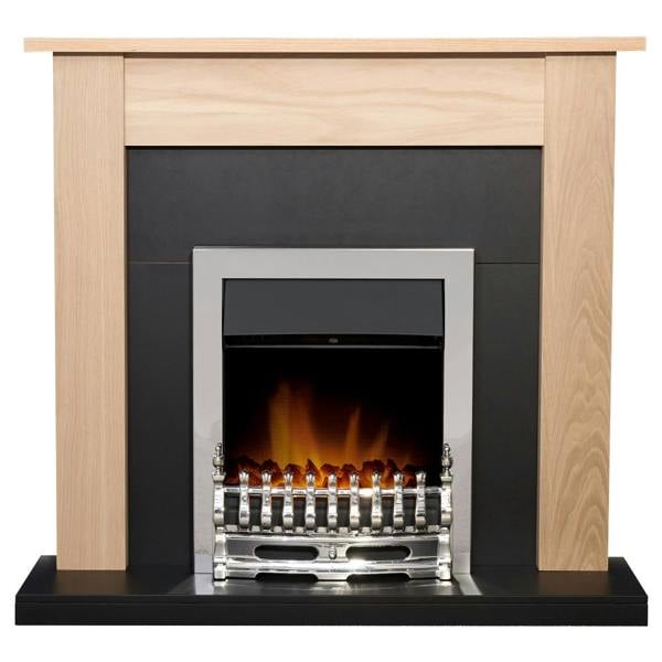 Adam Southwold Fireplace in Oak & Black with Blenheim Electric Fire in Chrome, 43 Inch