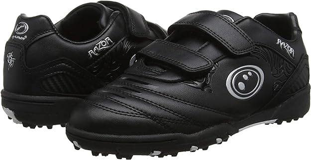 Pair of black Optimum Razor astro trainers with straps, silver logo and studded soles, on white - Optimum