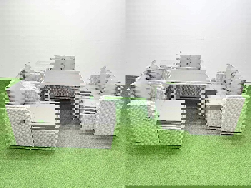 Fimous 9 Pieces Outdoor PE Rattan Sofa Reclining Chair Set Patio Garden Furniture Sets with Cushions Side Table 3 Stools Light Grey