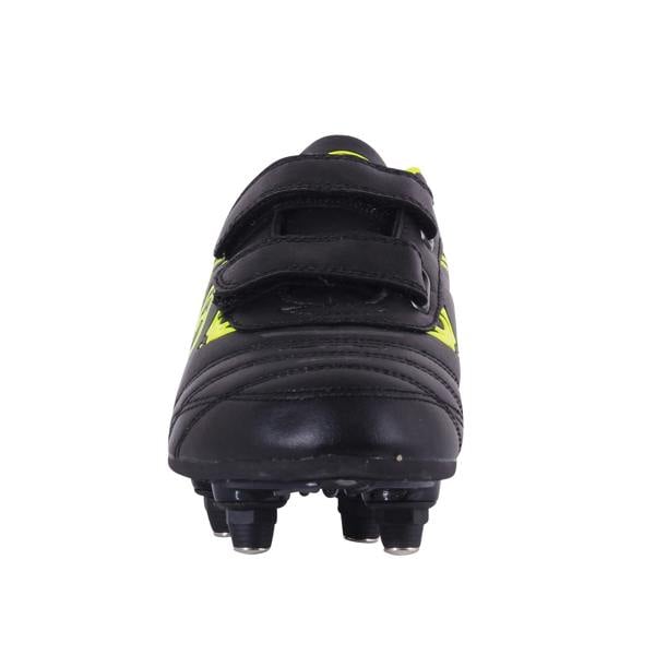 Black and fluro yellow junior Optimum Razor football boot, front-on view with twin touch-fasten straps and studs - Optimum