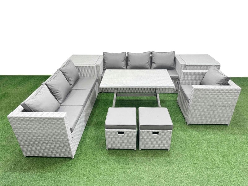 Fimous Outdoor Rattan Garden Furniture Dining Set 9 seater Patio Rectangular Table 3 Seater Sofa Armchair Set with 2 Side Tables 2 Small Stools