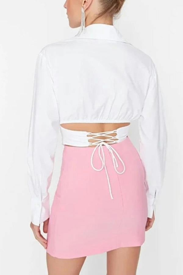 WOVCOR Crop Woven Poplin Shirt with Corset Detail