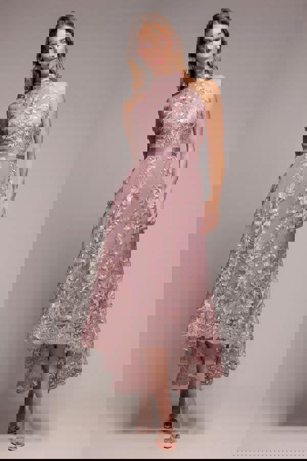 Halter Neck Lace High And Low Dress - Pink DR3346QZ