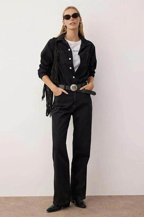 WOVCOR Shirt Collar Wide Leg Denim Jumpsuit