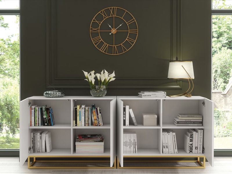 Mex Furniture Sophisticated White Sideboard with Fluted Fronts & Gold Legs – 200cm Storage Unit