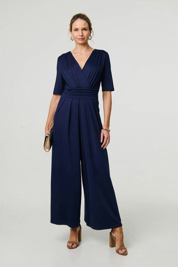 Navy | 1/2 Sleeve Wrap Waist Wide Leg Jumpsuit
