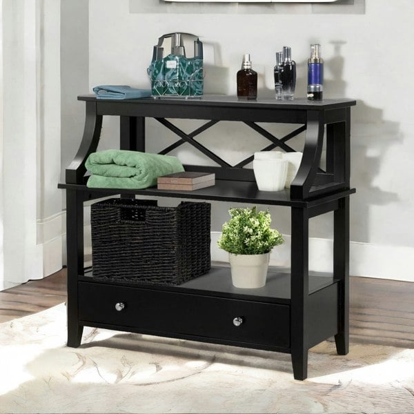 Rafaelo Mobilia Modern 3 Tier Console Table With 2 Drawers And Storage Shelves Black