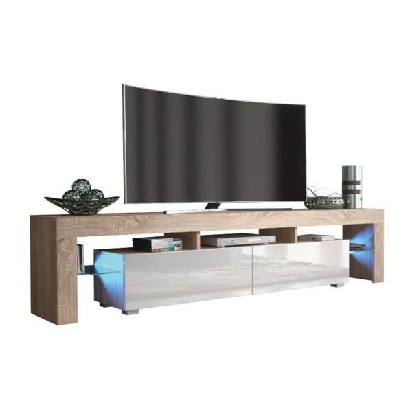 Mex Furniture Sleek 200cm Modern TV Unit  Cabinet Stand Oak High Gloss White Doors & Free LED Lights