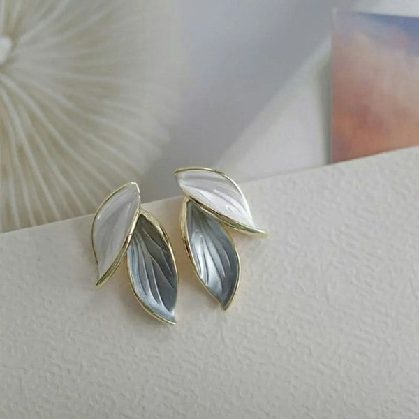 The Colourful Aura Summer Elegant Grey White Leaf Oil Drop Dangle Stud Marble White Earrings