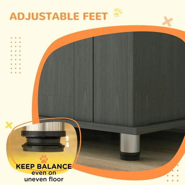 Grey dog crate table with adjustable feet for balance on uneven floors.