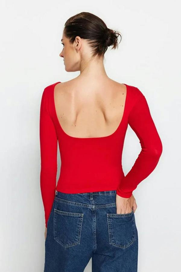 Hoxton Gal Cotton Stretch Fitted Knit Blouse with Open Back Detail