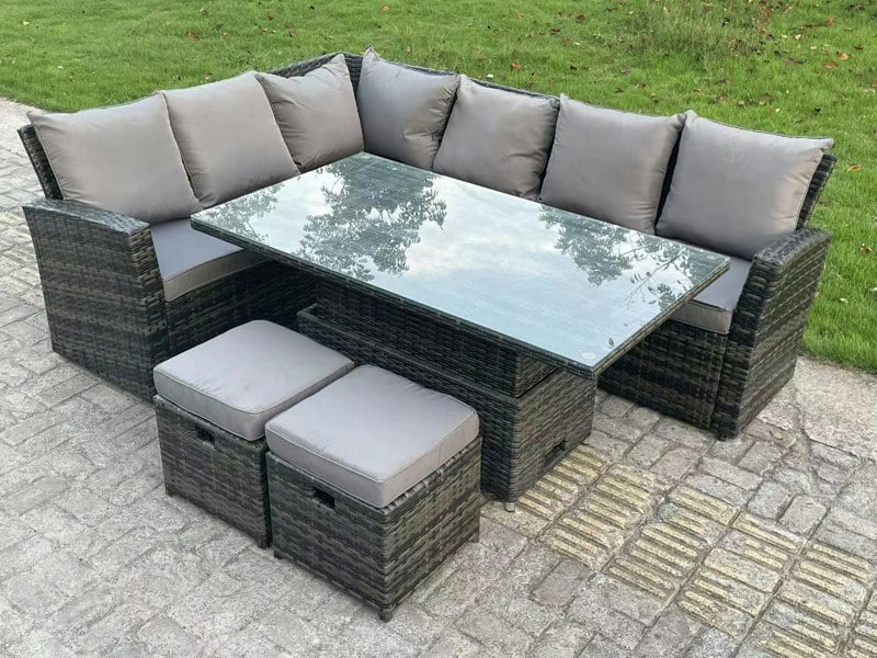Fimous High Back Rattan Garden Furniture Corner Sofa Sets Adjustable Rising Table Dark Mixed Grey 8 seater left corner